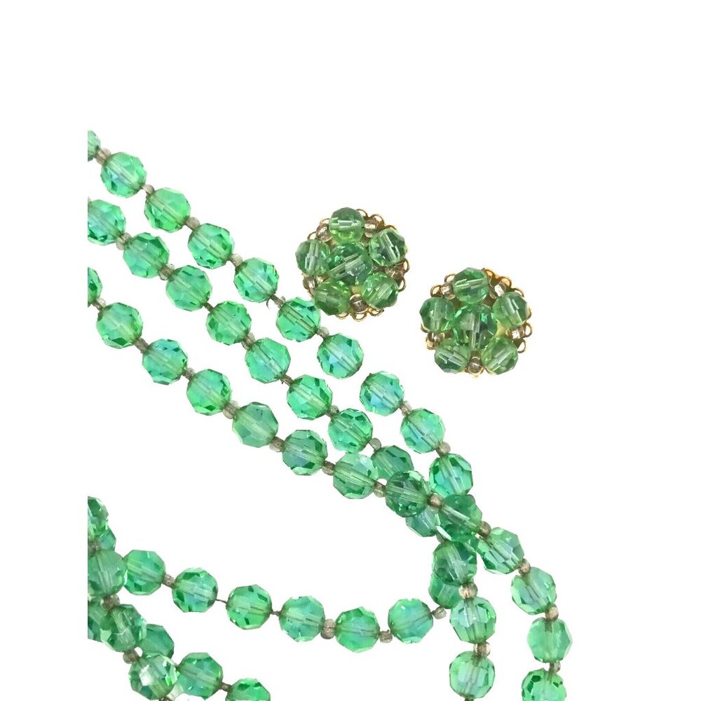 VTG Marvella Signed Green Glass Triple Strand Necklace and Matching Clip Earring